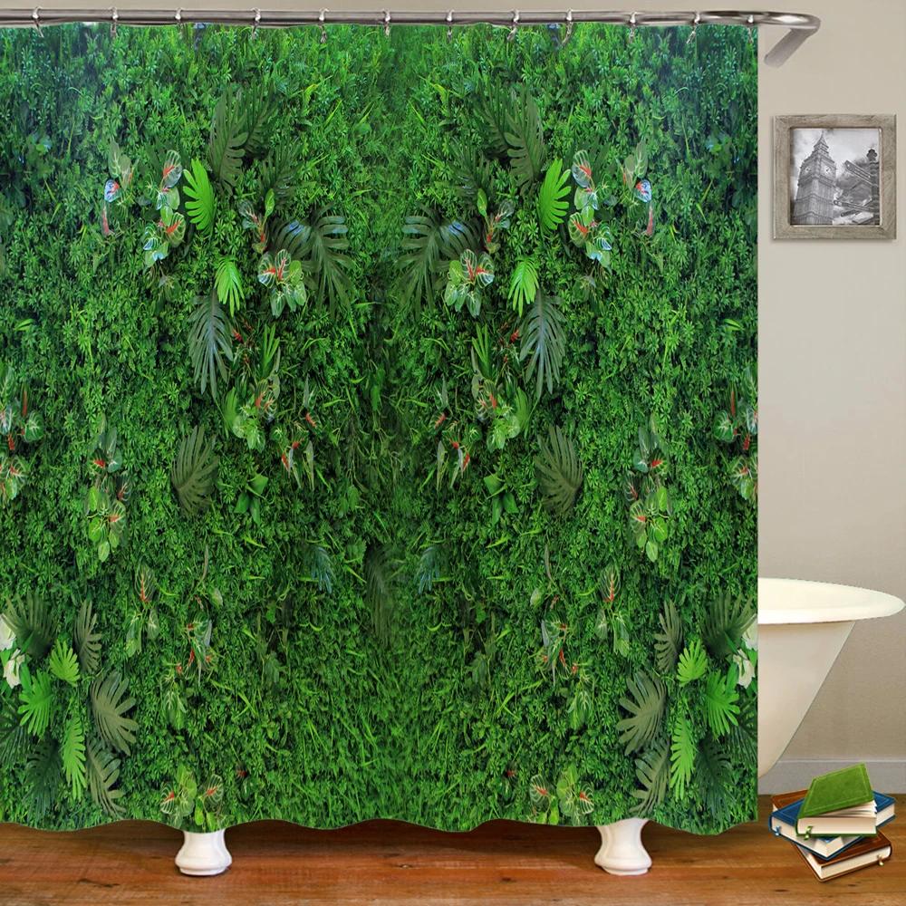 Variety of Various Green Plant Grass Lawn Leaf 3D Printing Shower Curtain Polyester Waterproof Home Decoration Curtain with Hook