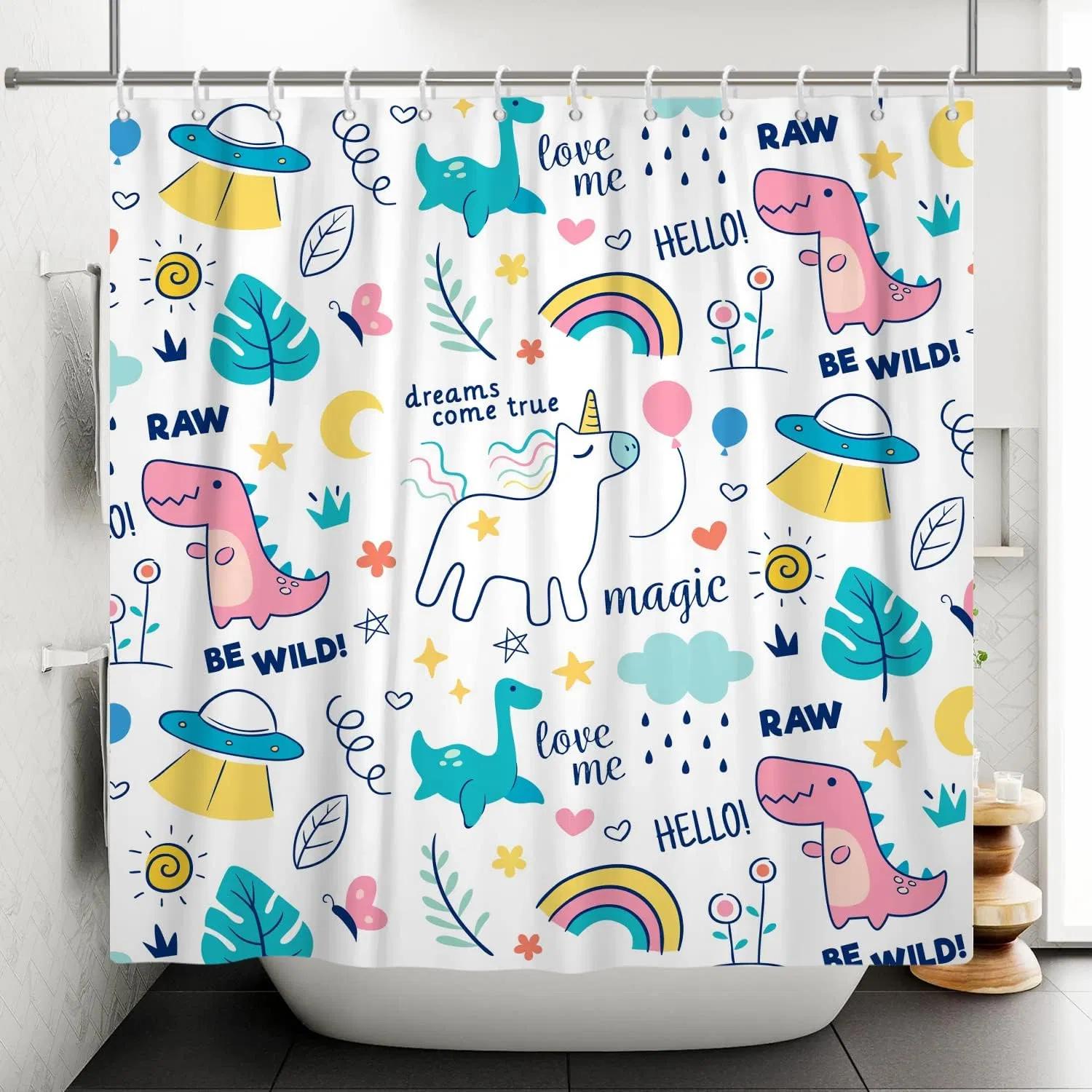 Cute Cartoon Dinosaur & Unicorn Print Waterproof Shower Curtain - Fun, Durable & Easy-Care Choice for Children s Bathroom Décor W90XH180cm