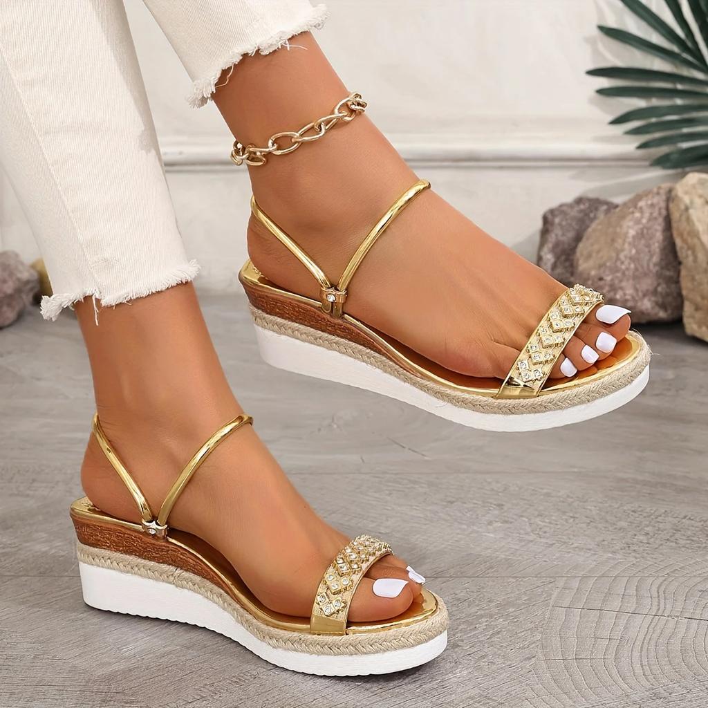Fashion Fashion Gold Rhinestone Wedge Sandals for Women 2025 Summer Non Slip Beach Shoes Woman Lightweight Platform Slippers Plus Size