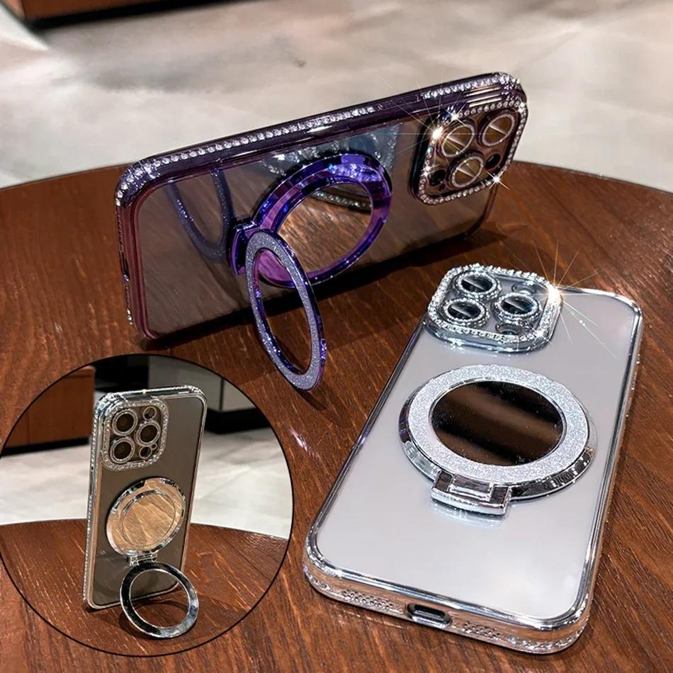 High Grade Mirror Stand Glitter Rhinestone Phone Case For iPhone 15 14 11 12 13 16 Pro Max 15 Plus Magnetic Clear Protect Cover