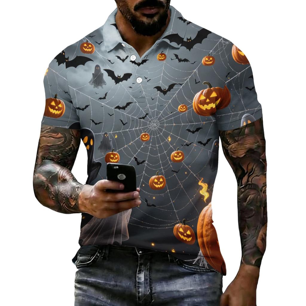 Men's Halloween Print Vintage Texture Short Sleeve Polo Shirt Loose Breathable Summer Sports Streetwear Casual Everyday Top