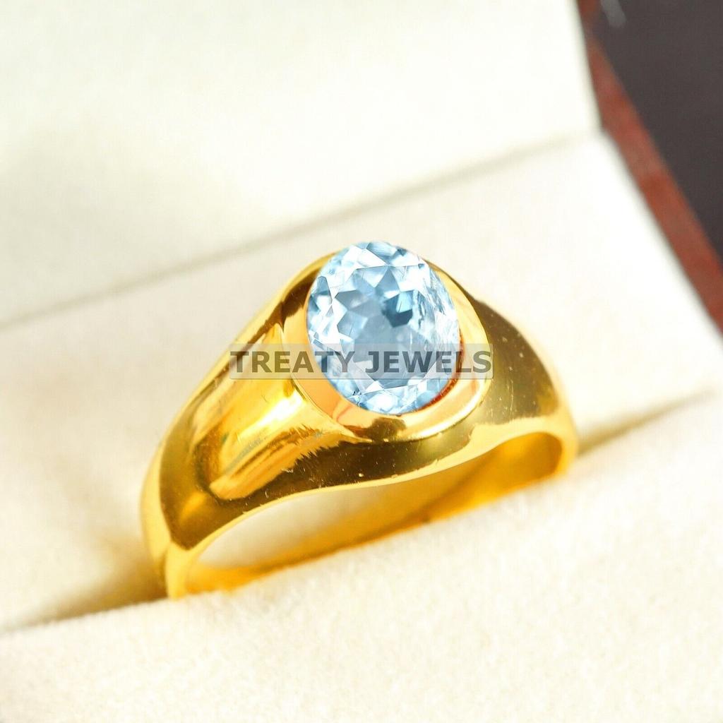 Aquamarine Oval Cut With 925 Sterling Silver Gold Plated Ring For Men's #A753 JL375659095749