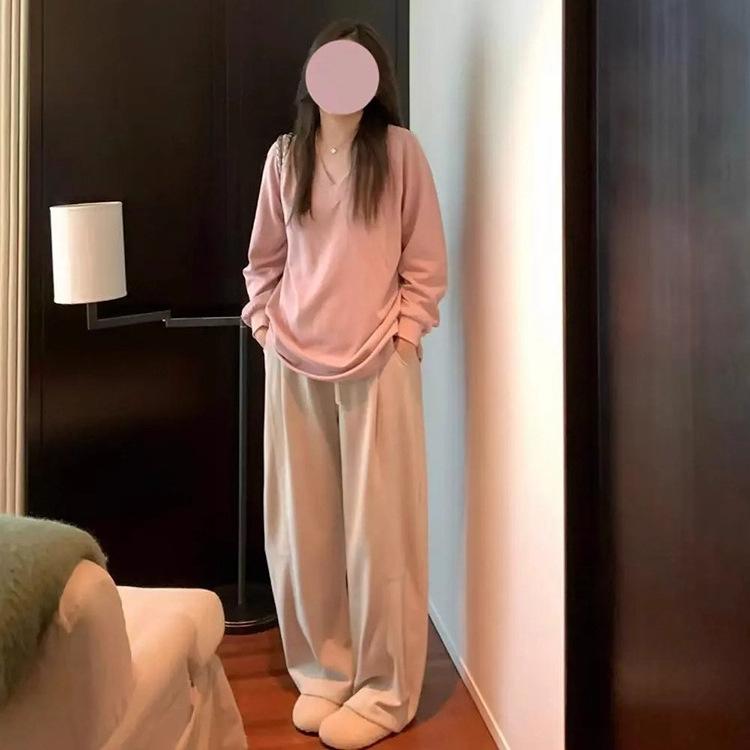 [Original practice, Minnie cloth 35 cotton 65 polyester] Lazy wind V-neck t shoulder sleeves versatile loose solid color sweater