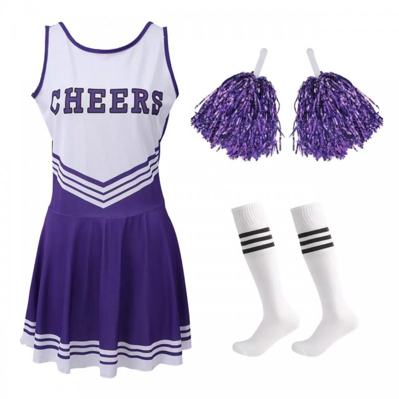 Kids Cheerleading Dress Set 5 Colors Pom Poms Socks Sports Performance Outfit