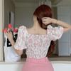 Summer Square Neck Bubble Sleeve Pink Flower Blouse Pullover Short Top Women