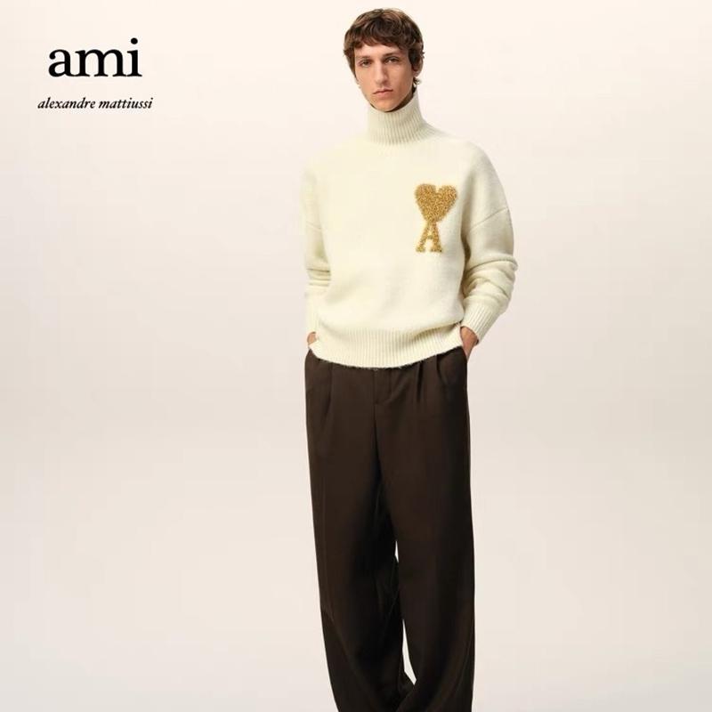 AMI Autumn and Winter New Gold and Silver Large Heart Alpaca Wool Blended Soft and Sticky Knitted Couple's High Neck Sweater