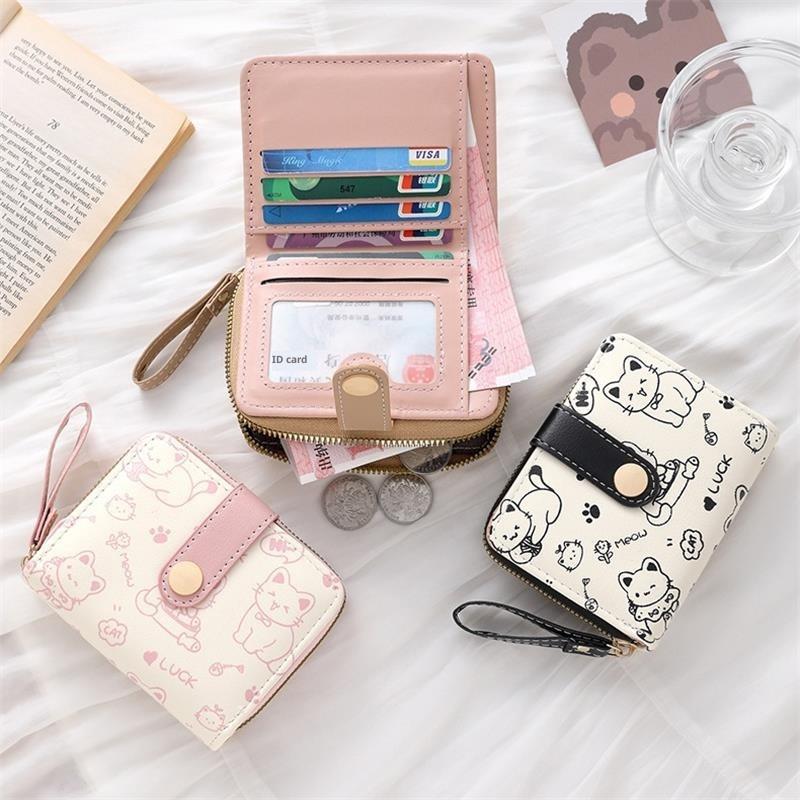 Cute Cat PU Leather Coin Purse Women Fashion Short Wallet Folding Zipper Wallet ID Card Holder Travel Lightweight Cash Coin Bags