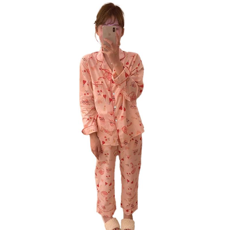 Long-Sleeved Trousers Two-Piece Set Of Imitation Silk Casual Cool Cartoon Printing Can Be Worn Outside Comfortable Pajamas Women