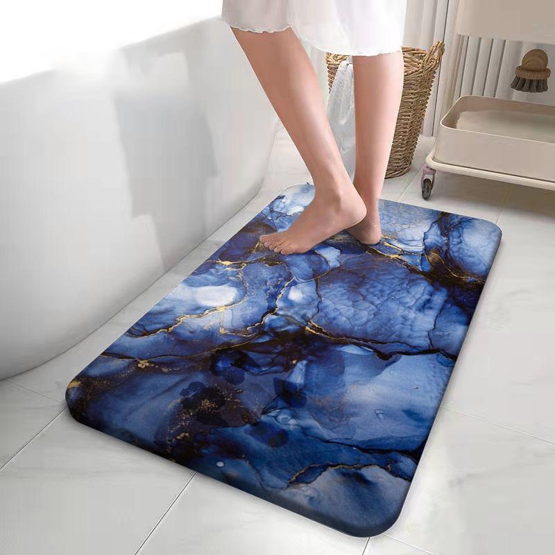 Royal Blue Gold Vein Bath Mat Luxury Marble Effect Non-Slip Silicone Backing Rug Sophisticated Floor Cover