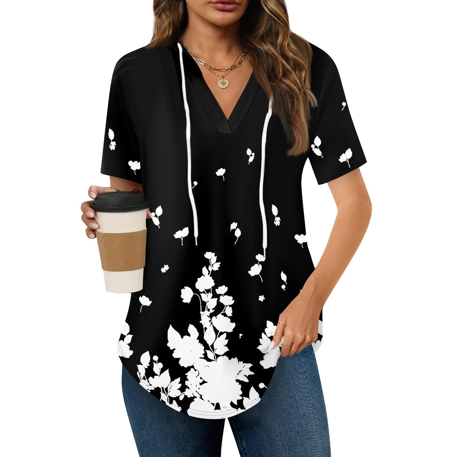 

Жіночі літні футболки з V-подібним вирізом, худі з коротким рукавом, туніки, топи, повсякденні вільні туніки, світшоти L чорний