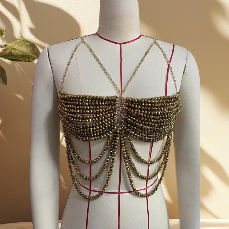 Women's Halterneck Vest Beaded Accents Glass Crystal Body Chain For Summer Parties Beach Vacation Stylish Chest Jewelry