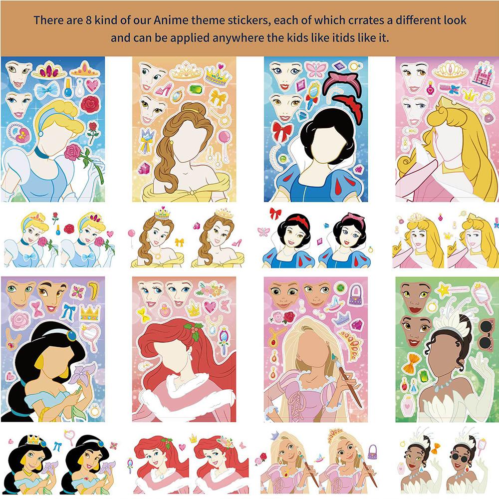 8/16sheets  Cute Princess Puzzle Stickers Make a Face Funny Assemble Jigsaw Children DIY Cartoon Decals Toys Gifts