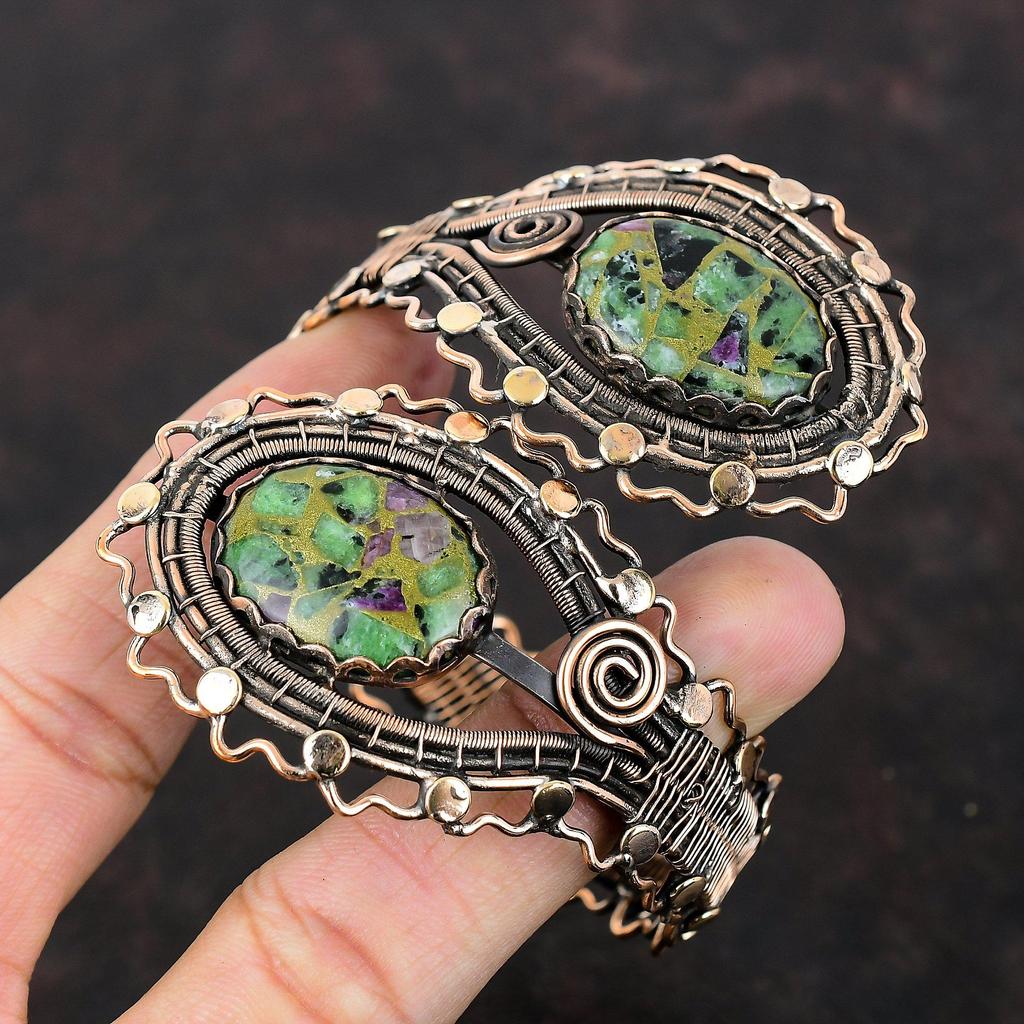 Copper Ruby Zoisite Cuff Bracelet Copper Wire Wrapped Gemstone Bangle Adjustable Cuff Handmade Bracelet Designer Copper Jewelry Gift For Mom