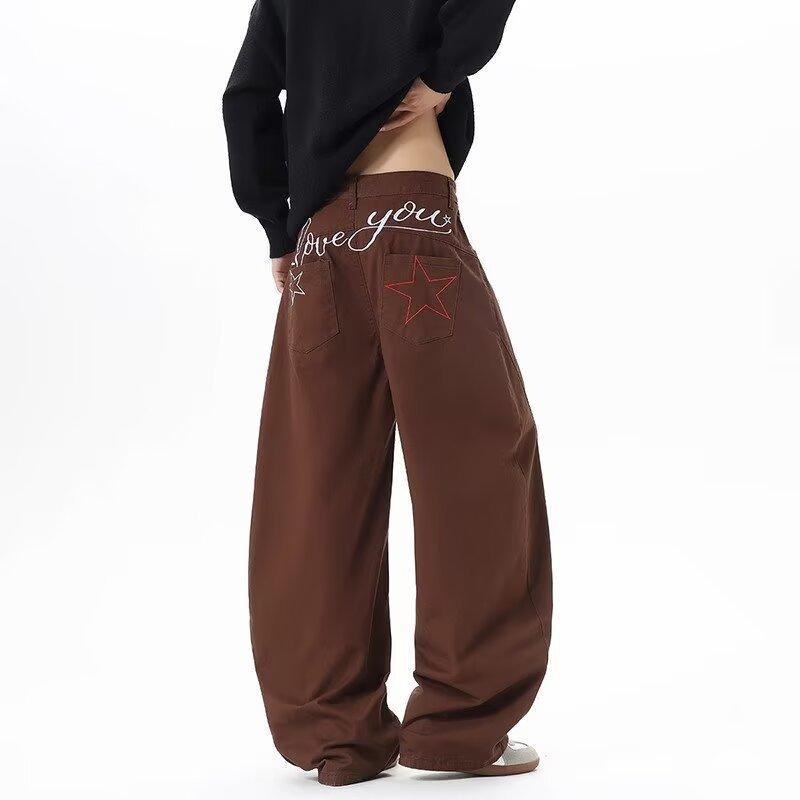 Jeans Larghi Unisex a Vita Media Deostrutturati Vestibilità Larga Vintage Americano Lavato Baggy in Denim Pantaloni Rilassati Lunghi Fino a Terra