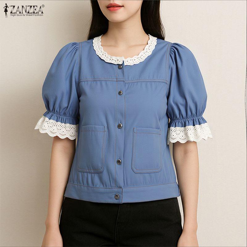 ZANZEA Women Casual Lace Splice Round Neck Summer Short Sleeve Blouse
