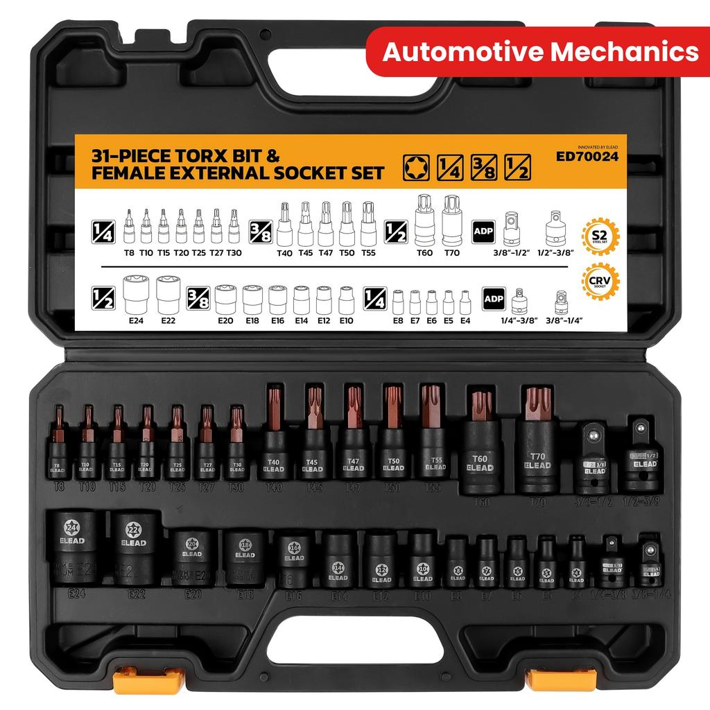 31-teiliges Torx- & Stern-Steckschlüssel-Set Chrom-Vanadium-Stahl S2-Legierungsbits E-Torx & T-Vierkant Hohes Drehmoment Rost- & Fleckenbeständig Lackierte Oberfläche