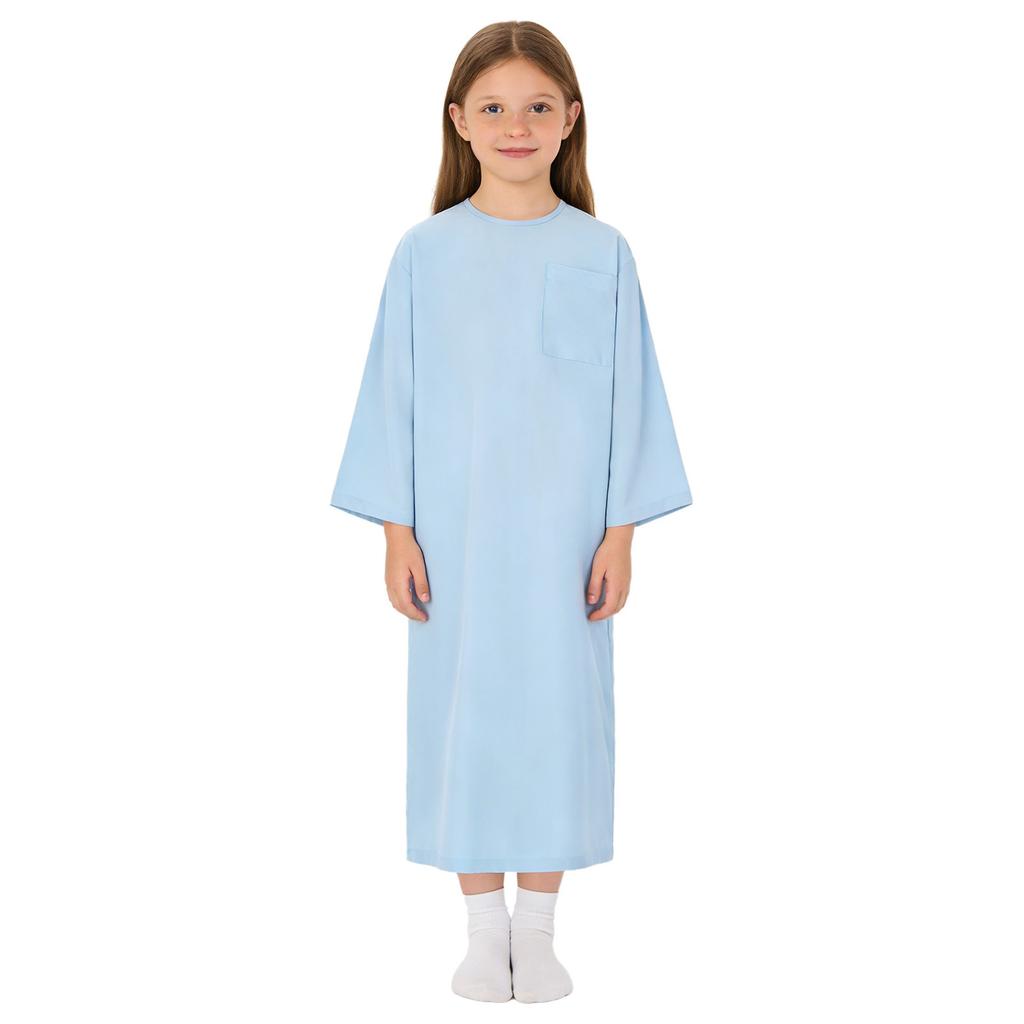 Kids Adaptive Nursing Gown Long Sleeve Back Split Hook-Loop Fastener with Pocket for Special Needs Patients