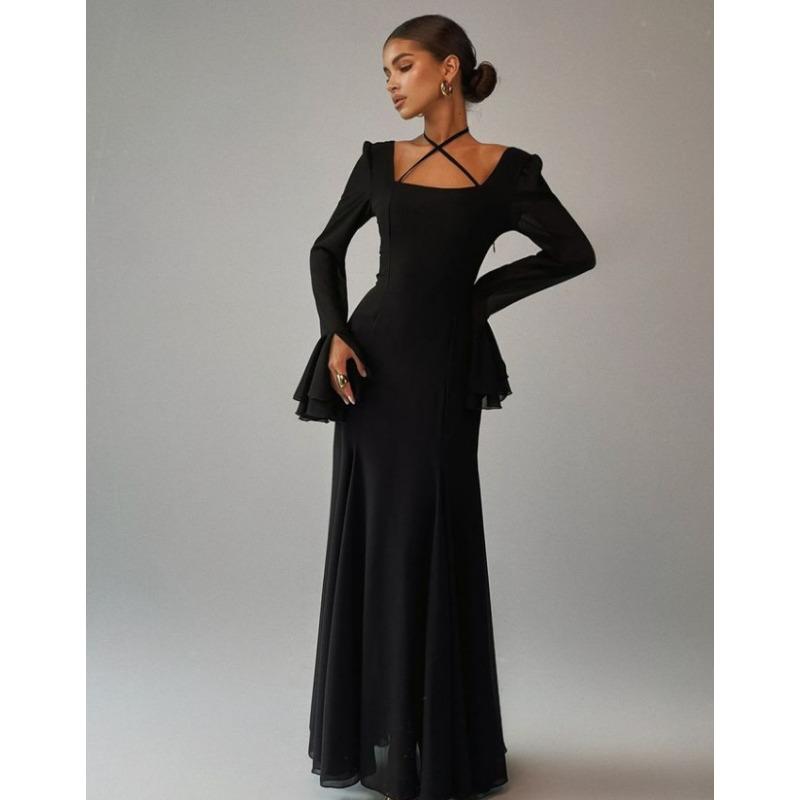 Frühling und Herbst Neue Damen Quadrat Kragen Trompete Ärmel Hohe Taille Slim-fit Elegante Kleid