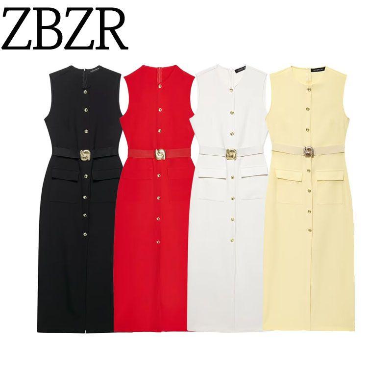 Za Export New Arrival Women's Clothing ZR Fashion Style with Belt Crepe Sleeveless round Neck Midi Skirt Dress 3897054