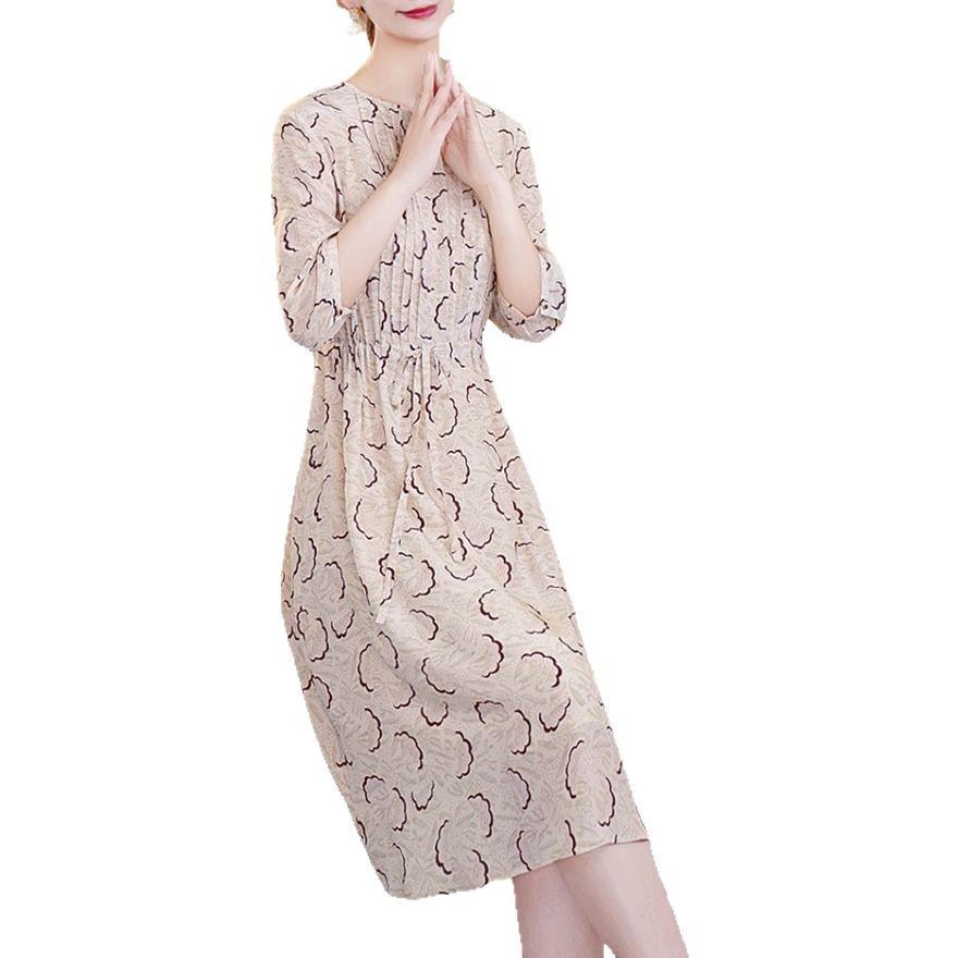 Double Crepe Silk Dress Women's Summer New Age-reducing Round Neck Tie Slim Mulberry Silk A-shaped Skirt