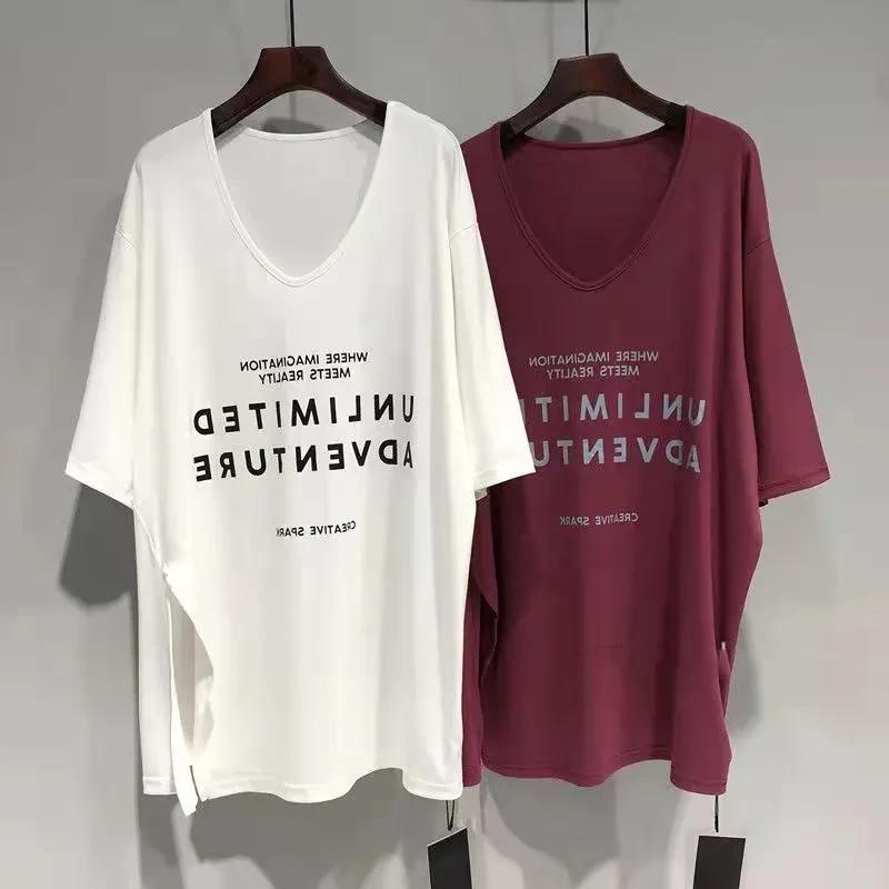 

T-shirt Women Summer Casual Large Size Loose V-Neck Pullover Short-sleeved Tops XL белый