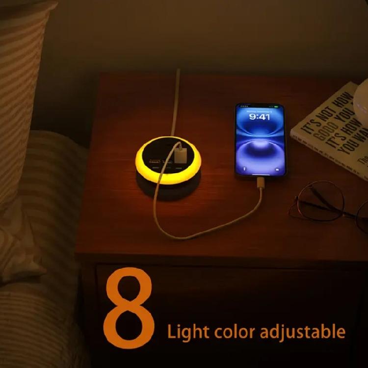 Desktop USB Power Hub with 3Prong Plug, 3 USB-A 3 USB C Port, ClicksControl Night Light, 9x5cm Retractable Cable Body