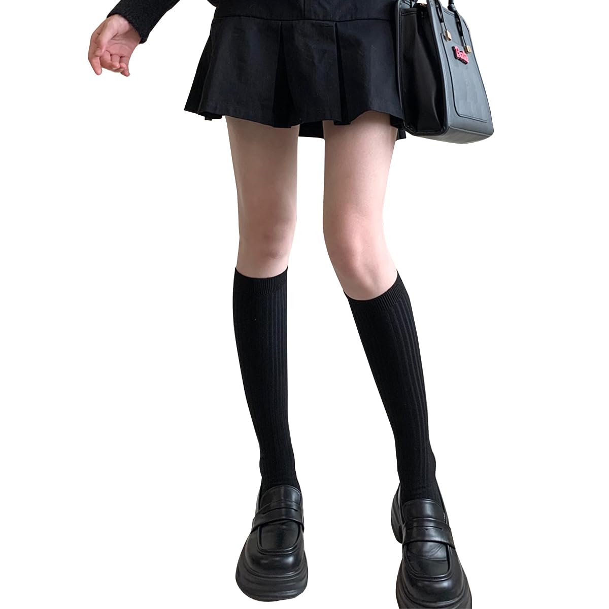 

MociPuffs Однотонные Размеры Школьные Холодные Подходят для Всех В рубчик Набор из 3 Женских Гольф до Колена, Хлопок, Лето, Осень, Зима, Стильные, Дышащие,