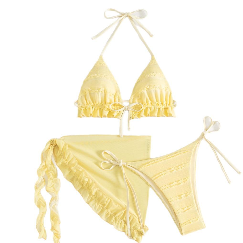 European and American yellow ruffle edge swimsuit female sexy three-piece set strap backless solid color bikini bikini swimsuit