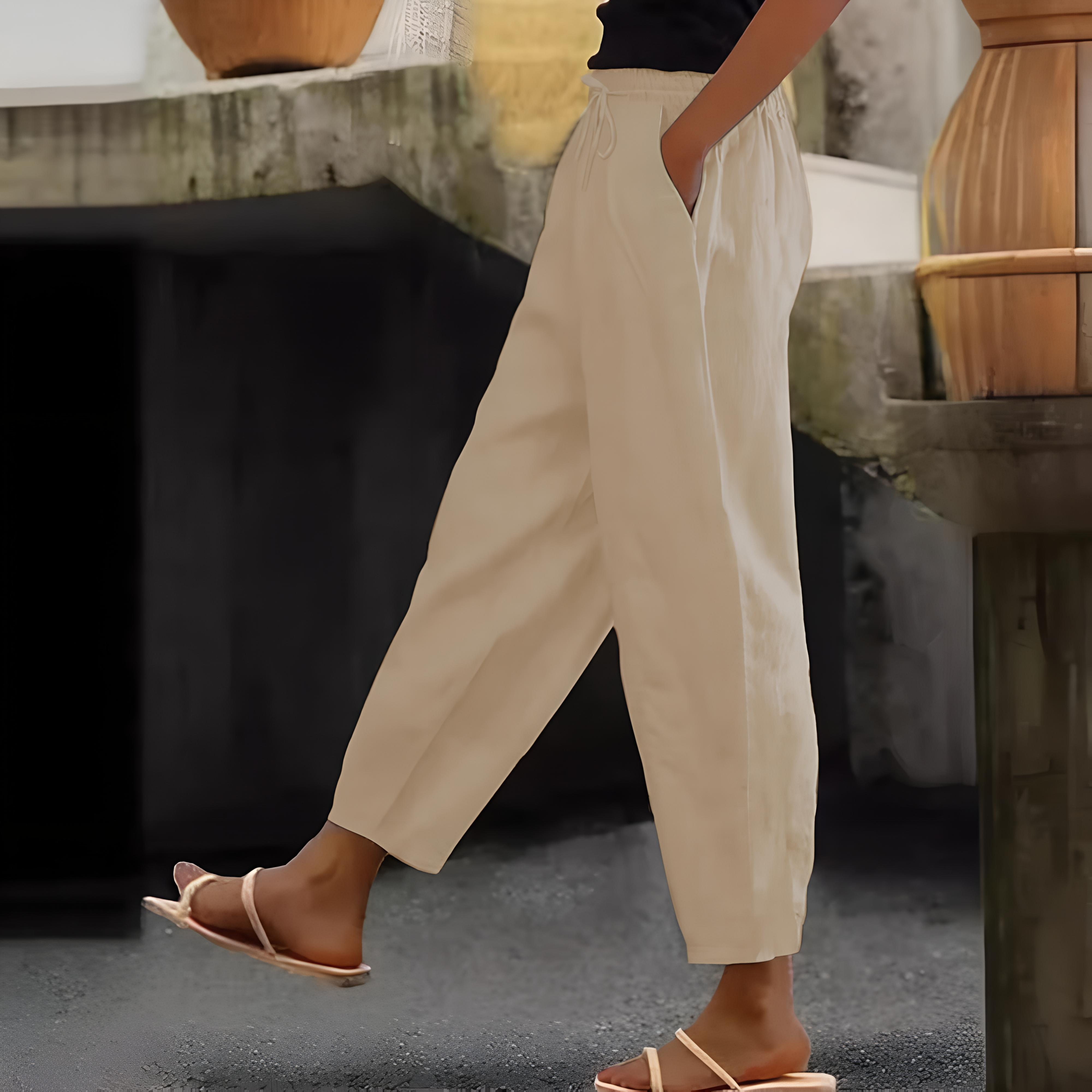 

Нові жіночі штани бавовняні льону суцільний колір модні повсякденні щоденні бічні кишені еластичні повсякденні штани жіночі штани M дубильна кора