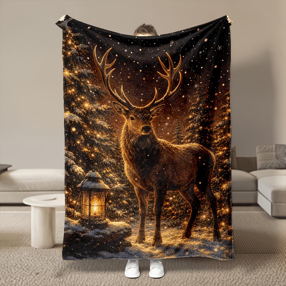 1pc Lantern Deer Printed Flannel Blanket, Ultra Soft Cozy Plush, All-Season Use, Machine Washable, Multi Sizes, 280GSM Heavy, for Bedroom, Sofa, Home