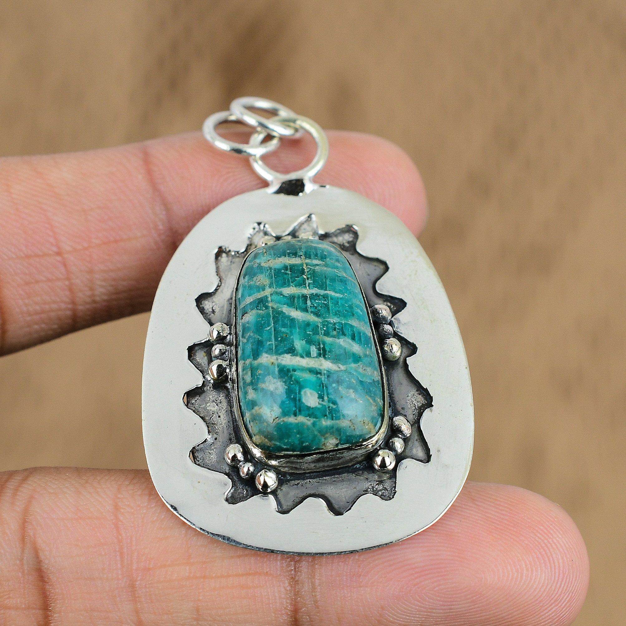 

Trillion Natural Amazonite Artisan Trendy Mother New Pendant 925 Sterling Silver