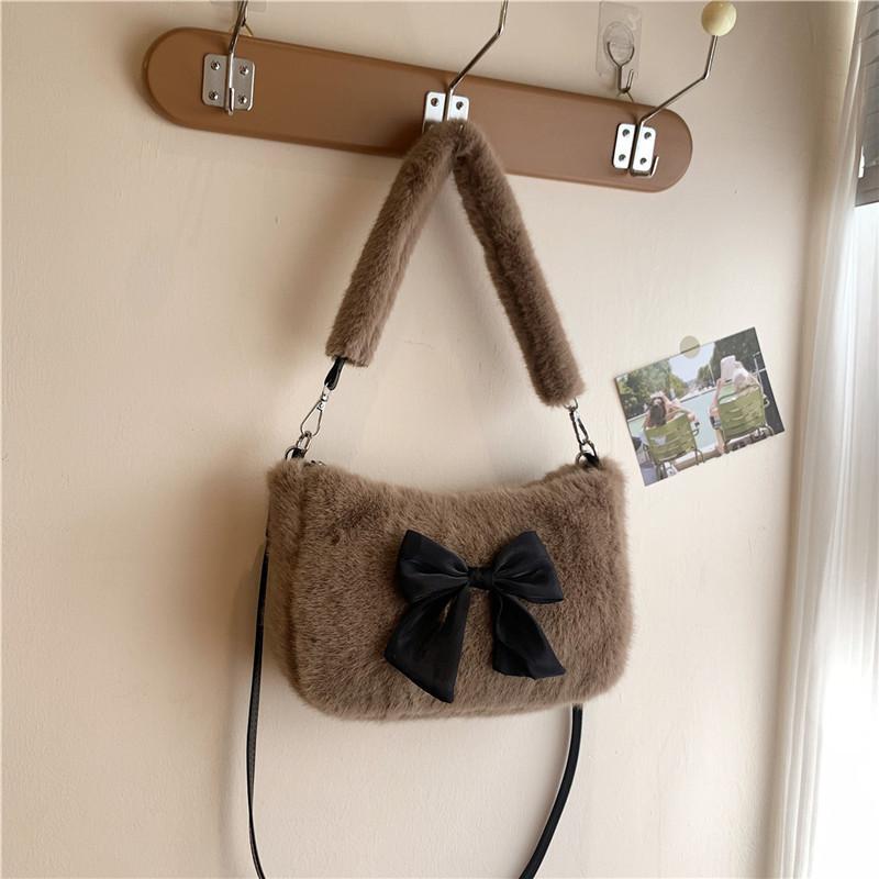 Handheld fluffy women's bag, new autumn and winter plush bag, cute bow small square bag, shoulder messenger bag.