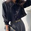 Small Niche Pleated Black Shirt for Women, Korean Version, Spring Design Sense, Short Shirt, High Waist Versatile Top