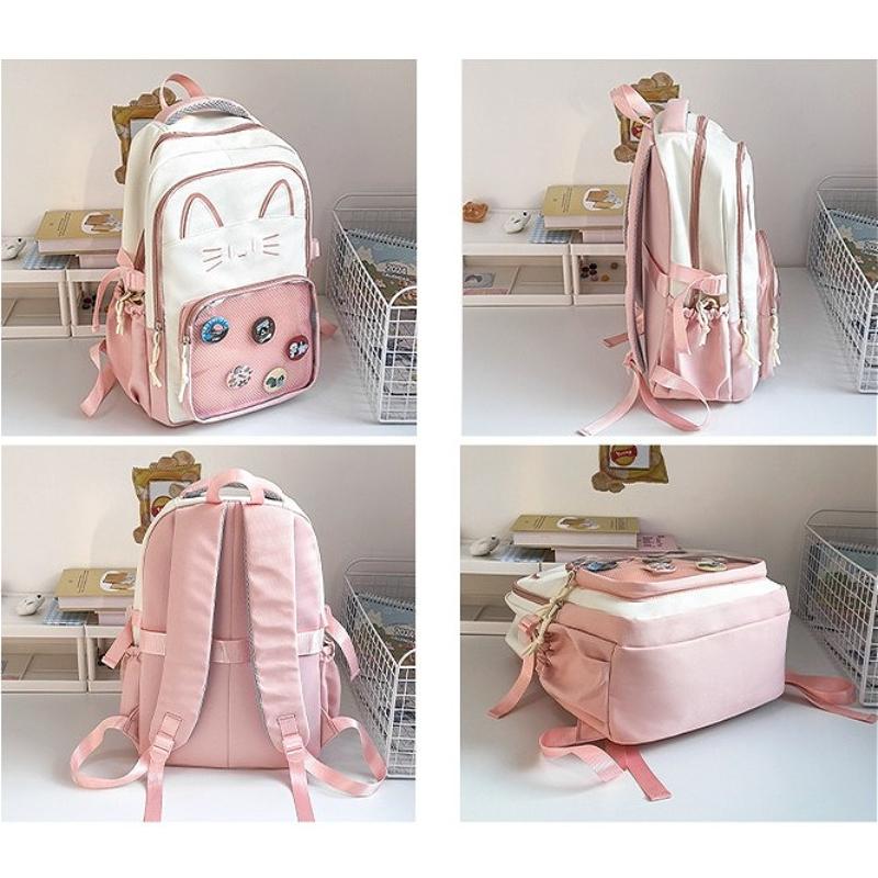 Zaino Gatto Kawaii Ita Bag Grande Capacità Zaino Scolastico in Nylon con Tasca Trasparente per Pin Zaino Anime Carino per Ragazze