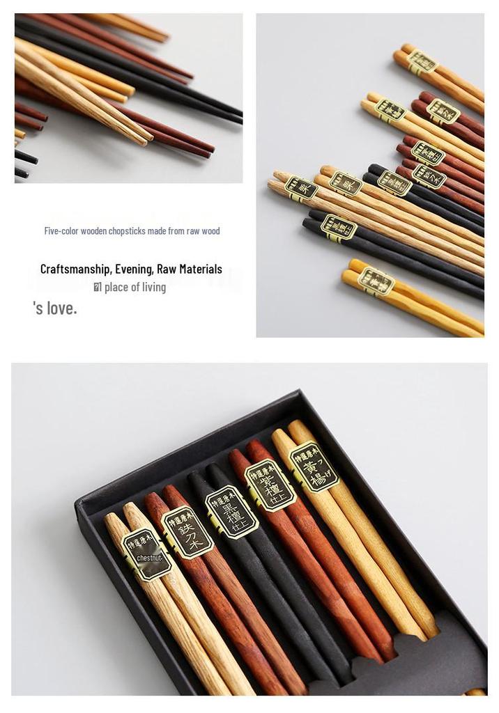 5 Pairs Japanese Wooden Chopsticks Set - Five Colors, Pointed Tip, Gift Box