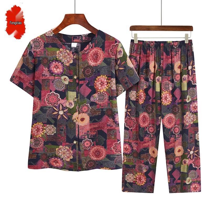 Elderly Women s Summer Loose Fit Rayon Two-Piece Set