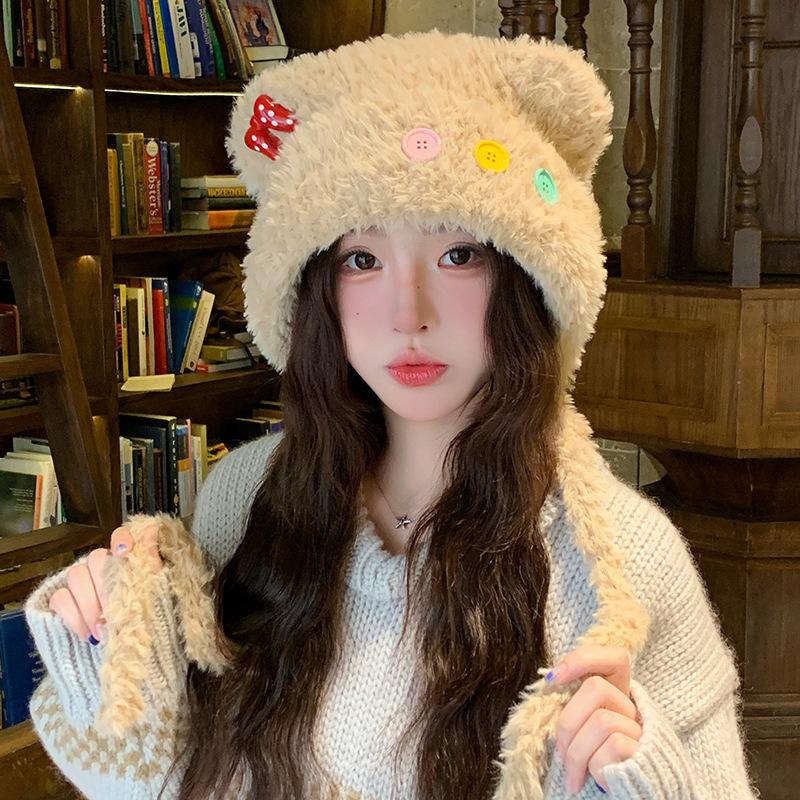 Cute Button Bear Ear Plush Knitted Hat for Women Warm and Ear Protecting Woolen Hat and Headscarf for Autumn and Winter