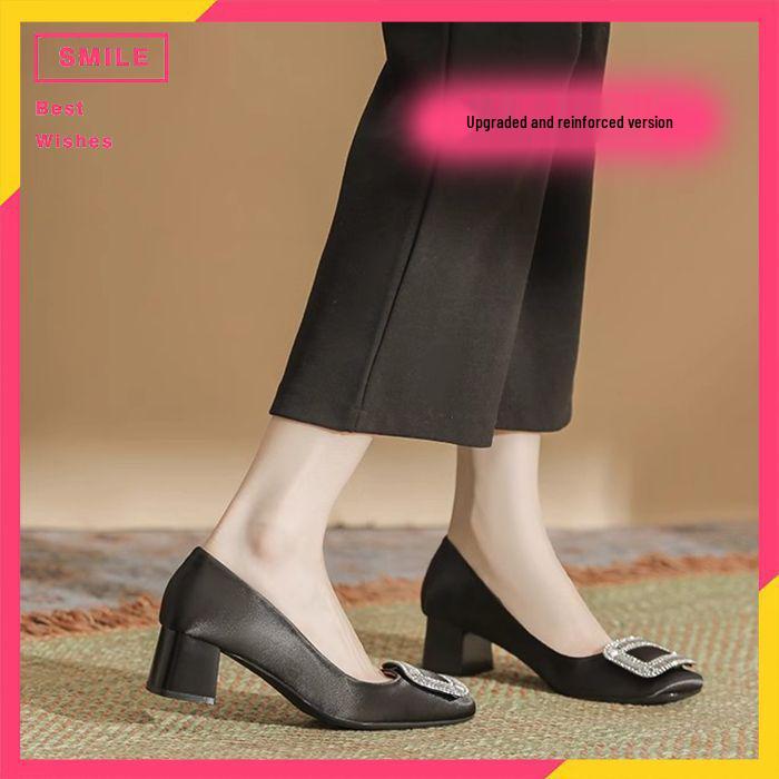 Women's 2025 Spring/Autumn Square Toe Rhinestone High Heels with French Satin Buckle