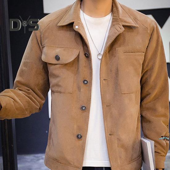 Autumn Winter Cargo Coat Lapel Long Sleeve Solid Color Suede Jacket with Pockets Buttons Closure Men Casual Outwear