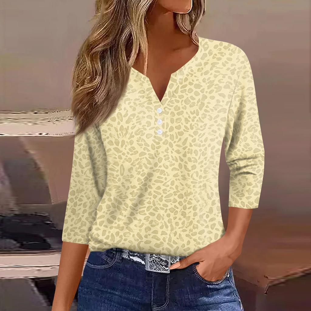 Women's Casual V-Neck Leopard Print 3/4 Sleeve Button T-Shirt Top