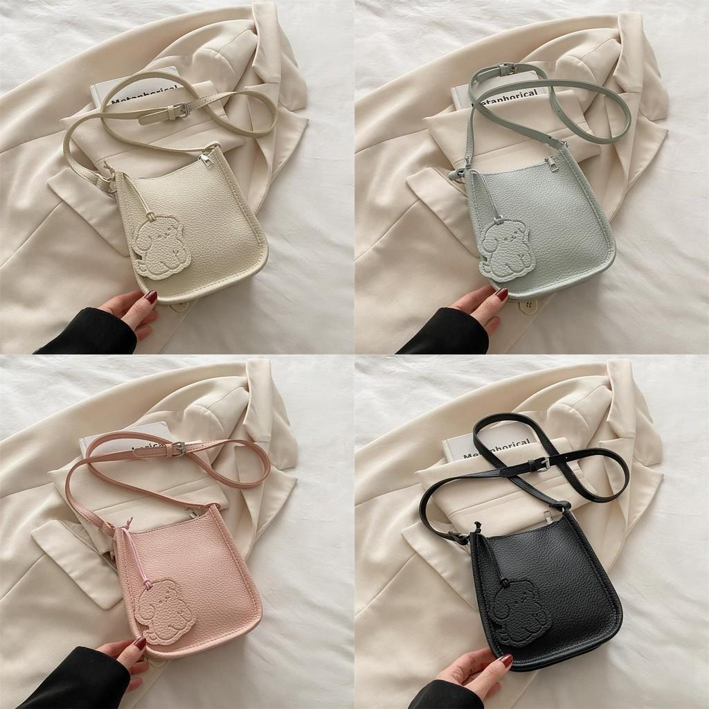 Color Simple Solid Lychee Pattern Embossed Women Square Bag With Pendant Cartoon
