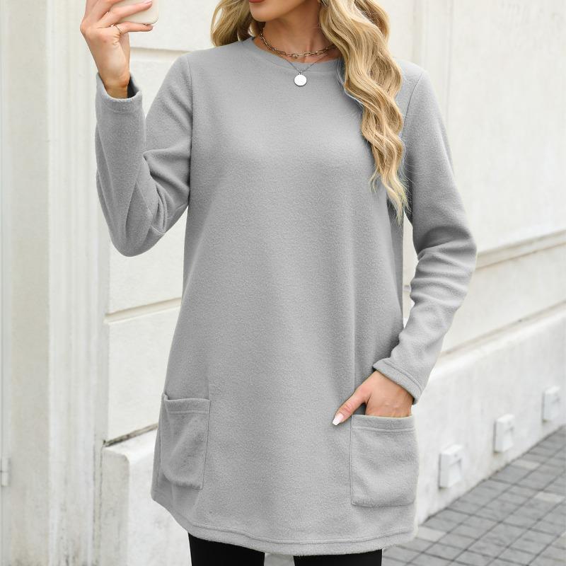 Spring Autumn Women's Mid Length Hoodie Pocket Round Neck Pullover Top Pullovers & Long Sleeves Women’s