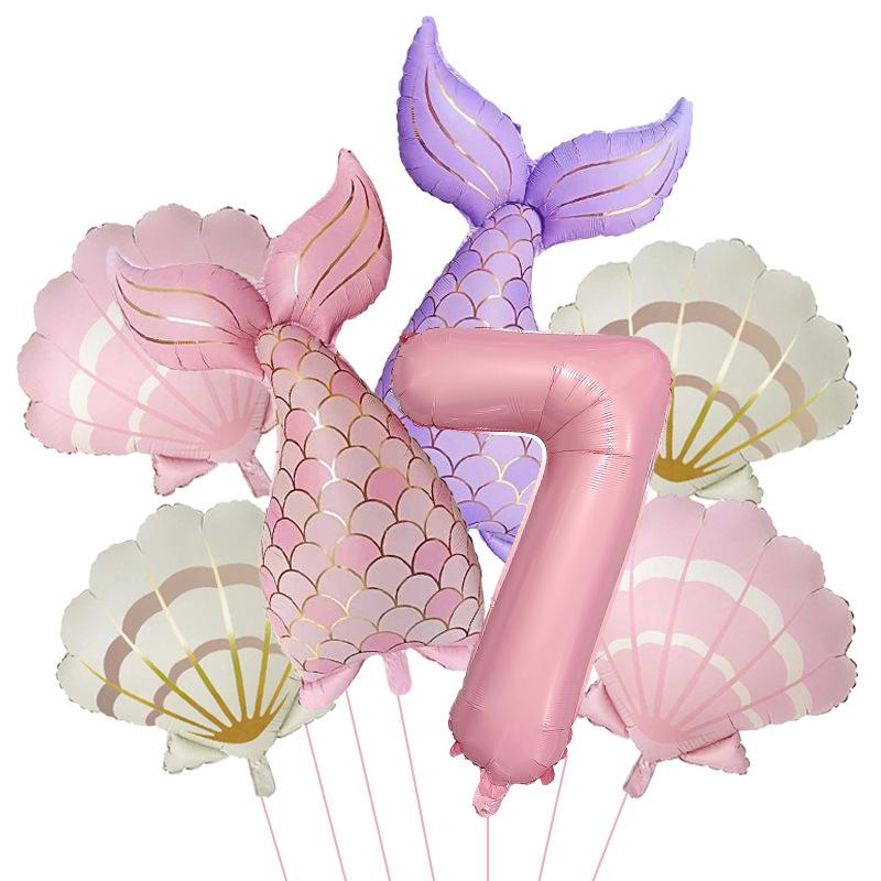 7 Stück Meeresmeerjungfrauenschwanz Muschel Muschel Ballons Set Rosa 0-9 Zahlen Folienballon Unterwasser Geburtstagsparty Dekoration Babyparty Zubehör