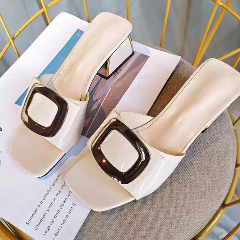 High-heeled Women's Slippers Summer of New Thick-heeled Square Buckle Plus Size Sandals Wear High-value Women's Shoes