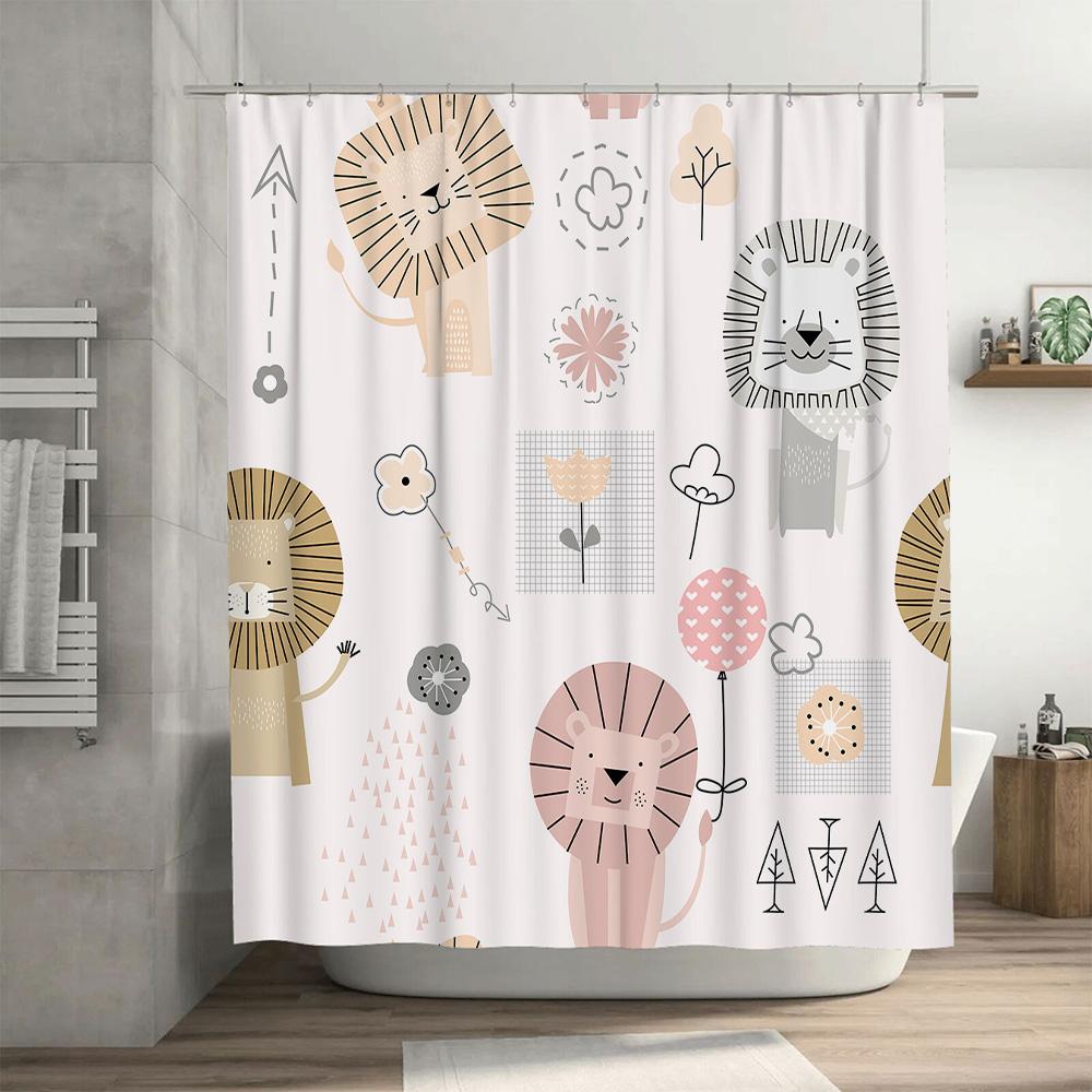 Cute Cartoon Animal Print Shower Curtain With Lion Design For Bathroom Decor Cream White Floral Kawaii Pattern Shower Curtains H
