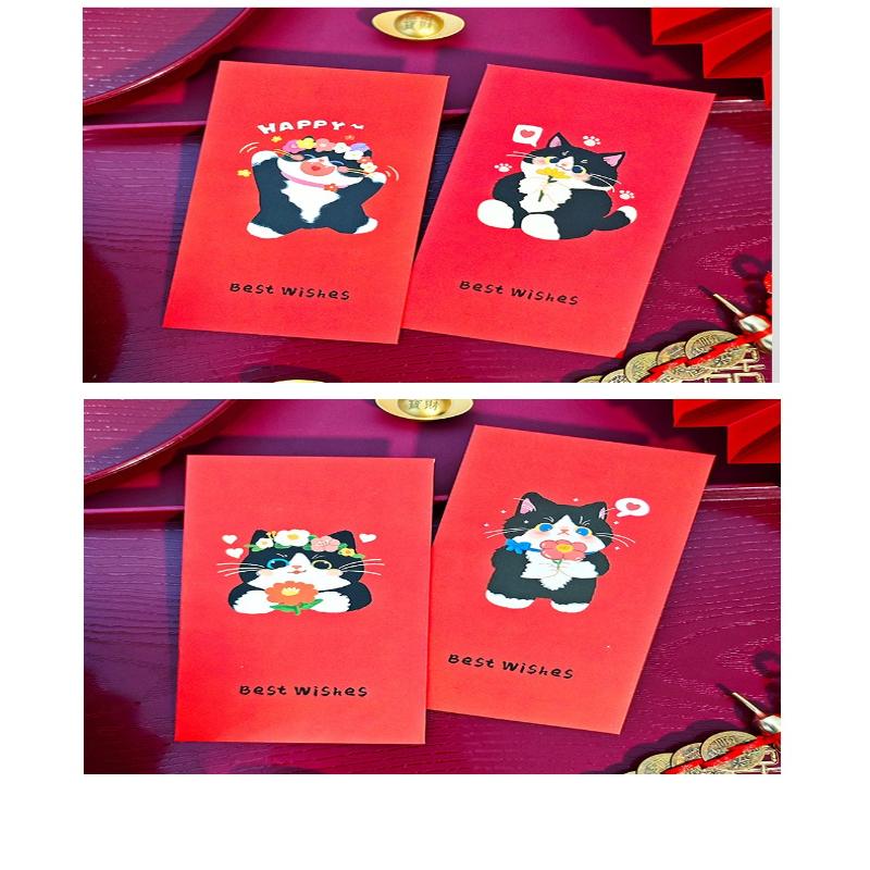 6Pcs Cute Antiquity Lucky Cat Red Envelope Thickened Rectangular Red Packet Colorful Lucky Money Bag Kids