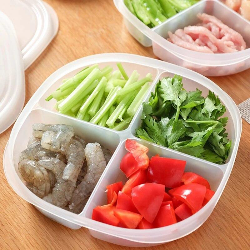 Recipiente de Armazenamento de Alimentos para Geladeira com 4 Compartimentos e Tampa Selada Crisper para Conservação de Alimentos Frescos Caixa de Armazenamento de Carne Organizador Espaçador de Frescor