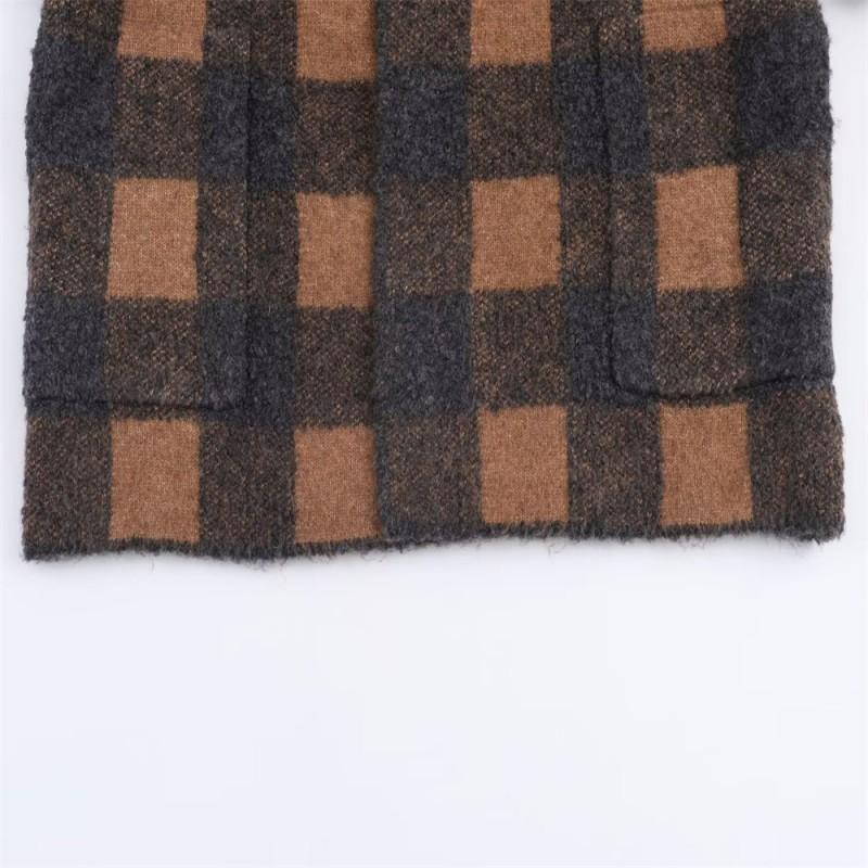Womens Round Neck Long Sleeve Plaid Knit Cardigan Sweater Casual