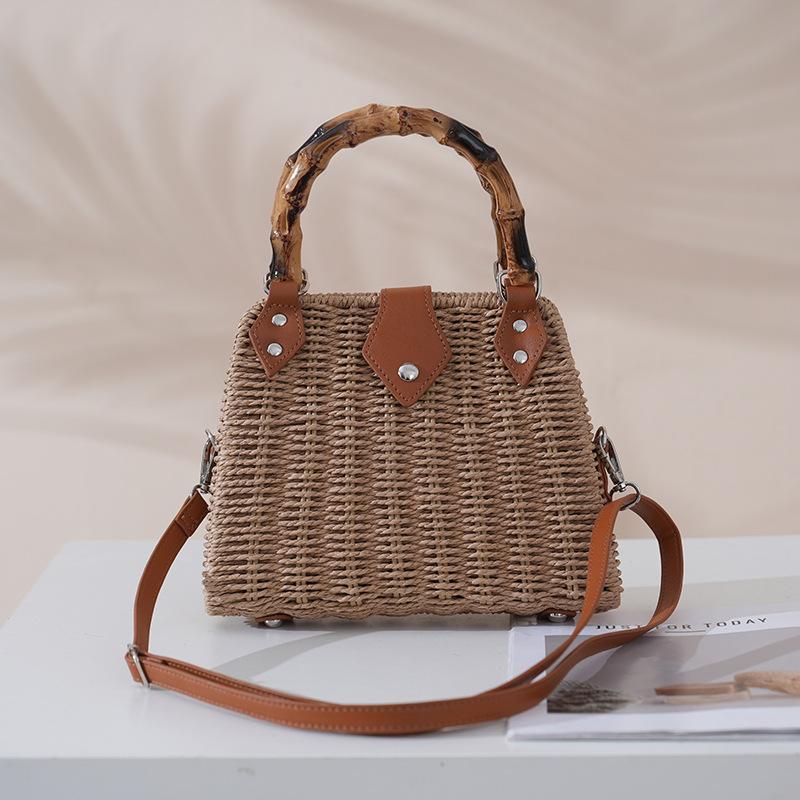 Borsa intrecciata in paglia vintage con manico in bambù, Borsa a tracolla e a mano 2 in 1, Borsa tote bohémien da donna per il pendolarismo