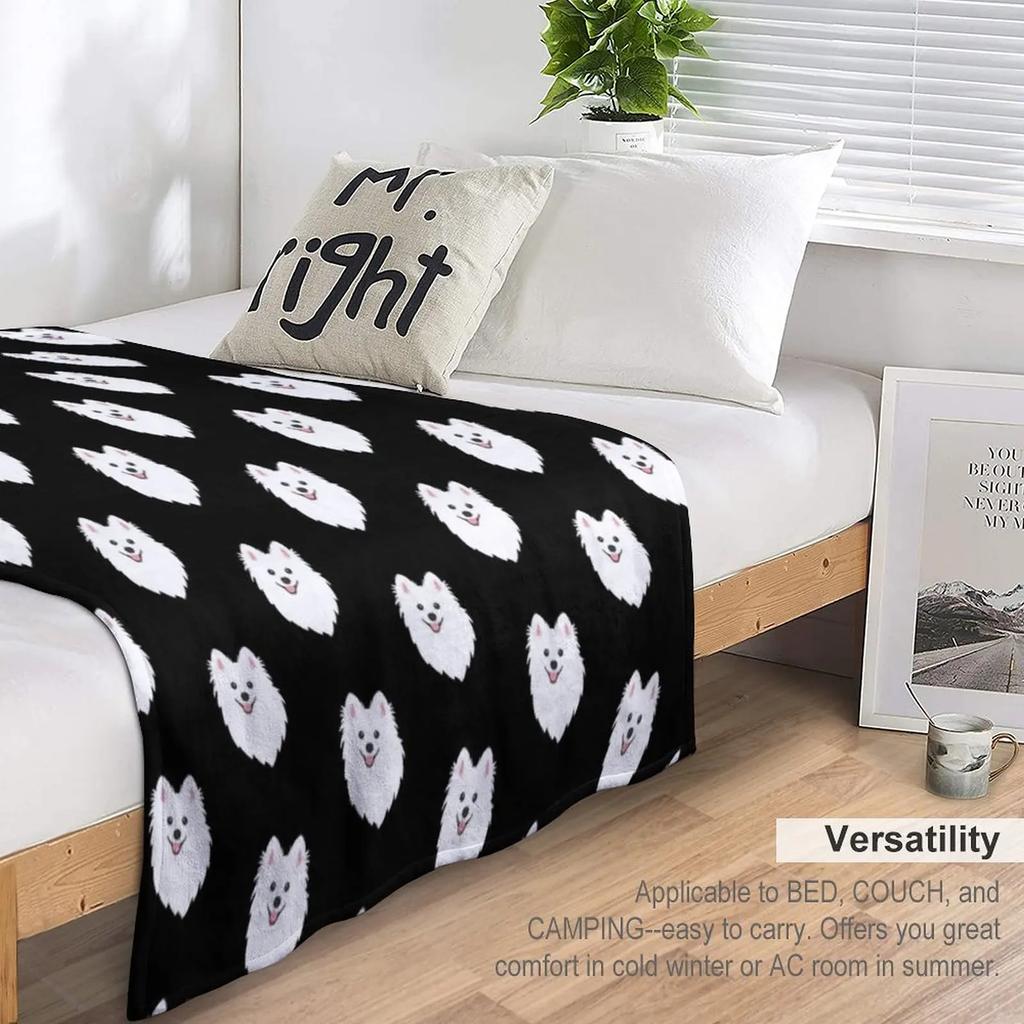 Curious White Spitz Puppy Dog - Charcoal Black Throw Blanket Tourist Blanket Blankets and Throws